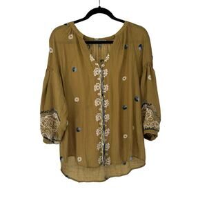Figueroa & Flower Gold Crepe Button Down Embroidered Blouse Large